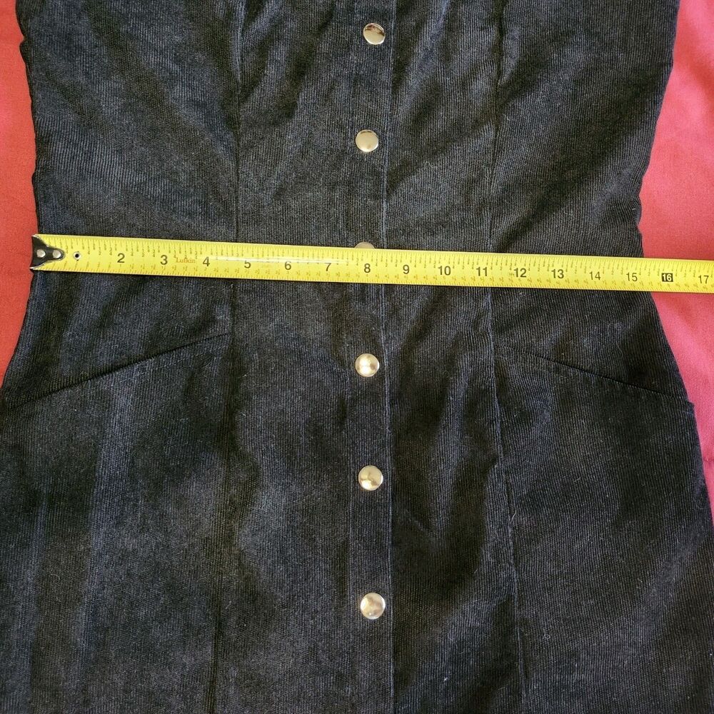 Black Corduroy Button Front Mini Dress Pinafore Style Pockets Size M - Picture 13 of 13